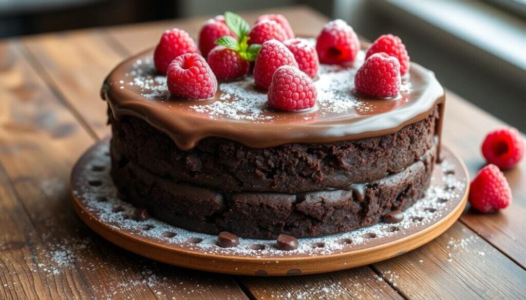 A close-up of a sliced brownie cake, showcasing the gooey center and crumb texture.